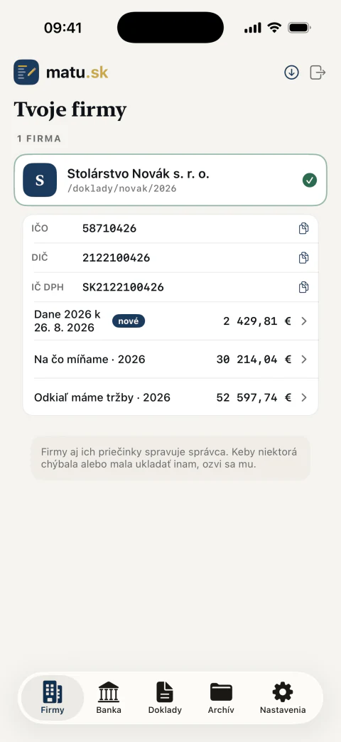 Výber firmy v aplikácii matu.sk