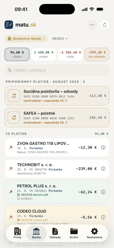 Bankové platby spárované s dokladmi a pripomienky platieb