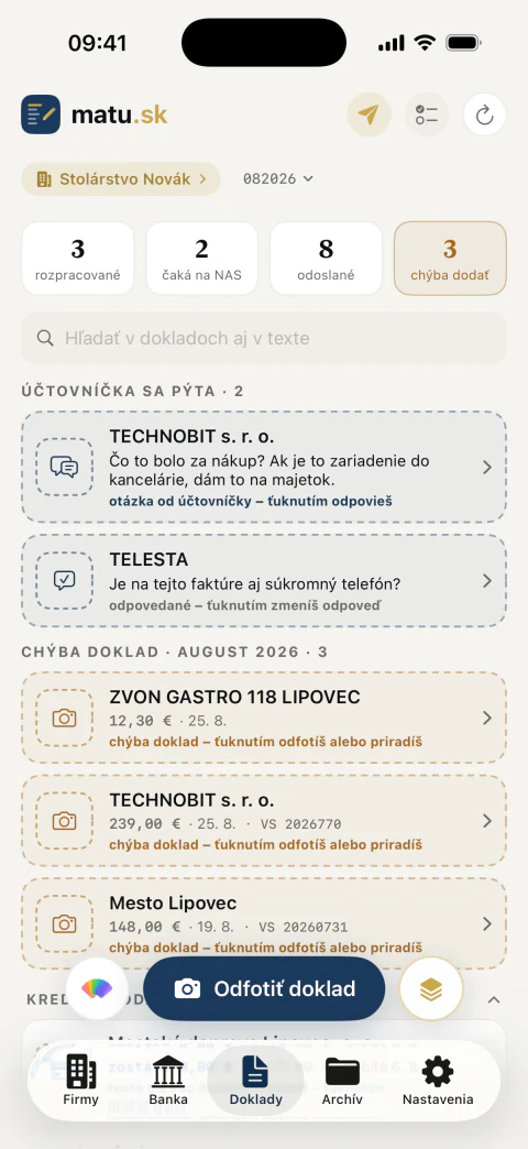 Prehľad dokladov so stavmi a upozorneniami