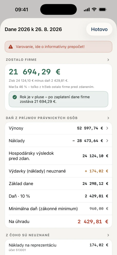 Predbežná daň z príjmov s rozpisom: výnosy, náklady, základ dane a čo firme po zdanení zostane
